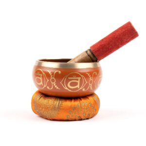 Myga Tibetan Singing Bowl with Cushion and Dual-Ended Striker - Beautiful Sounds for Yoga, Meditation, Relaxation, Wellbeing and Chakra Healing - Orange (Sacral Chakra)
