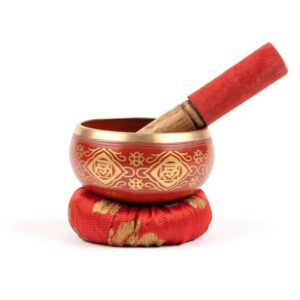 Myga Tibetan Singing Bowl with Cushion and Dual-Ended Striker - Beautiful Sounds for Yoga, Meditation, Relaxation, Wellbeing and Chakra Healing - Red (Root Chakra)