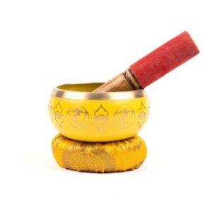 Myga Tibetan Singing Bowl with Cushion and Dual-Ended Striker - Beautiful Sounds for Yoga, Meditation, Relaxation, Wellbeing and Chakra Healing - Yellow (Solar Plexus Chakra)