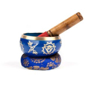 Myga Tibetan Singing Bowl with Cushion and Dual-Ended Striker - Beautiful Sounds for Yoga, Meditation, Relaxation, Wellbeing and Chakra Healing - Blue (Throat Chakra)