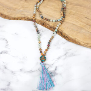 Myga Mala Necklace with Silk Tassel - 108 Beads with Healing, Strengthening and Balancing Properties - Handmade Natural Stone Japamala for Yoga, Meditation, Health & Wellbeing - Connection