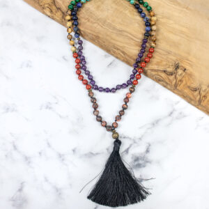 Myga Mala Necklace with Silk Tassel - 108 Beads with Healing, Strengthening and Balancing Properties - Handmade Natural Stone Japamala for Yoga, Meditation, Health & Wellbeing - Chakra