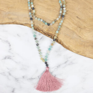 Myga Mala Necklace with Silk Tassel - 108 Beads with Healing, Strengthening and Balancing Properties - Handmade Natural Stone Japamala for Yoga, Meditation, Health & Wellbeing - Growth