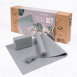 Myga Yoga Starter Set - Yoga Mat, Yoga Block & Yoga Strap - Beginner Starter Kit for Pilates, Yoga, Health & Fitness - Complete Set For Home, Gym, Studio & Gifting - Grey